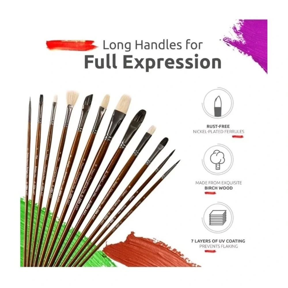 Luxury 14pc Oil‎ & Acrylic Paint Brush Set with Birchwood Handles - No Shedding